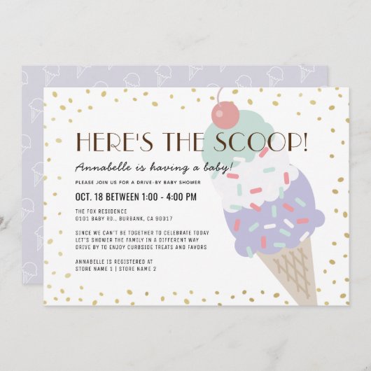 Hier is het Scoop Ice Cream drive-by Baby shower Kaart (Voorkant / Achterkant)
