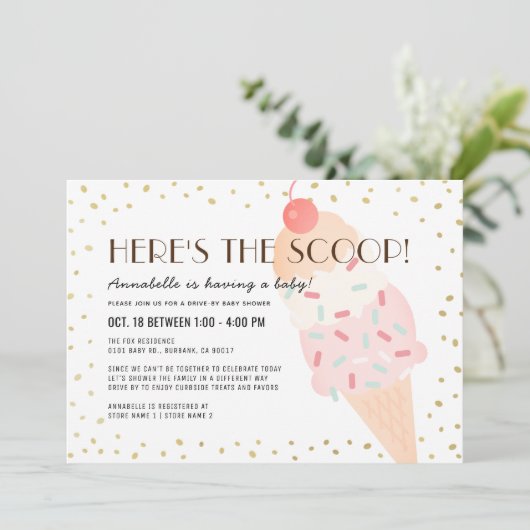 Hier is het Scoop Ice Cream drive-by Baby shower Kaart (Staand voorkant)
