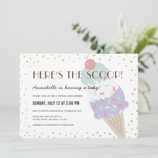 Hier is het Scoop Ice Cream Virtual Baby shower Kaart (Staand voorkant)