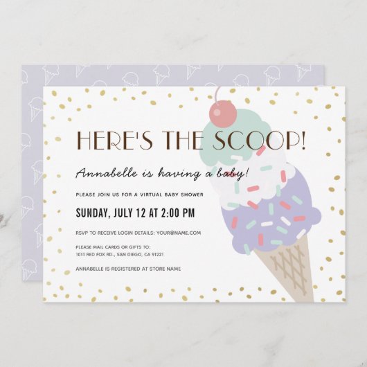 Hier is het Scoop Ice Cream Virtual Baby shower Kaart (Voorkant / Achterkant)
