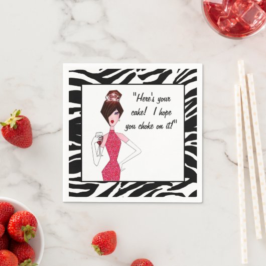 "Hier is je taart! Ik hoop dat je er op stikt!" Servet (Insitu)