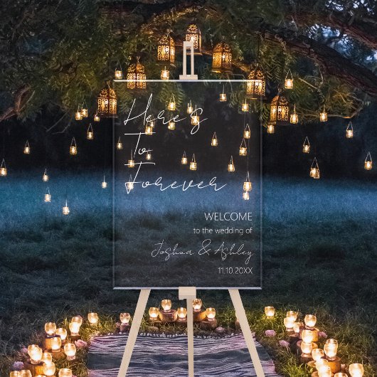 Hier is voor altijd elegante witte bruiloft welkom acryl bord