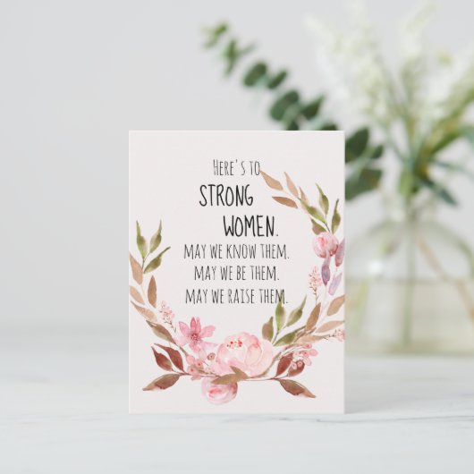 Hier is voor sterke vrouwen roze pioen briefkaart (Staand voorkant)