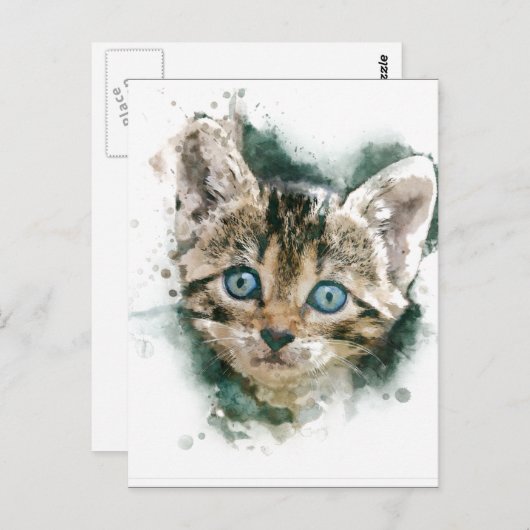 Hier, kat, kat.schilderij van mooie waterverf briefkaart (Voorkant / Achterkant)