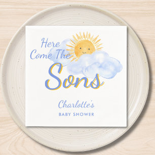 Hier komen de tweeling jongens baby shower servet