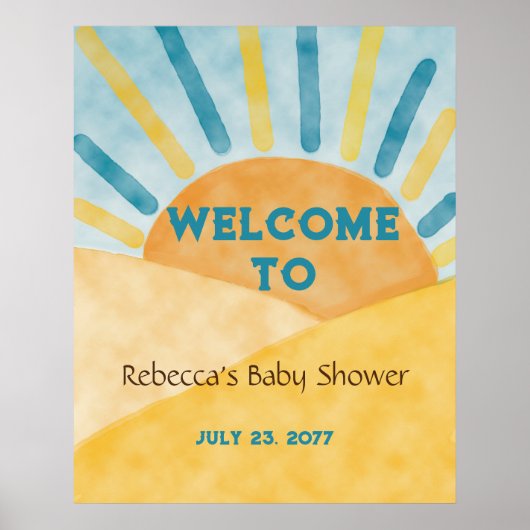 Hier komt blauw zonneschijn Baby shower Welkom Poster (Voorkant)