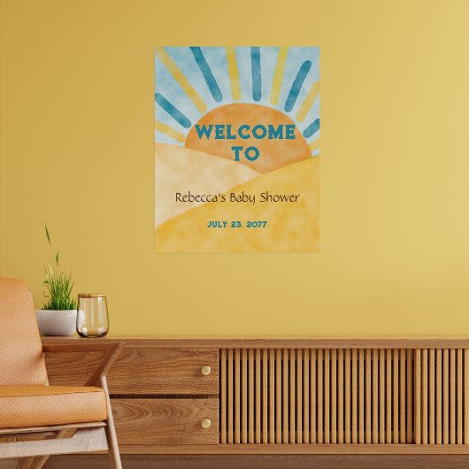 Hier komt blauw zonneschijn Baby shower Welkom Poster (Woonkamer 2)