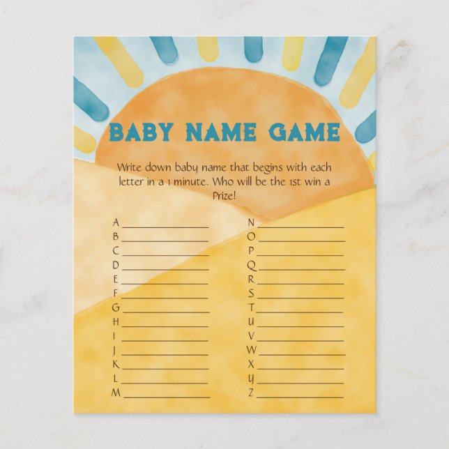 Hier komt Blue Ray Sunshine Baby shower Name Game (Voorkant)