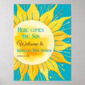 Hier komt Boy Blue Sunshine Baby shower Welkom Poster (Voorkant)