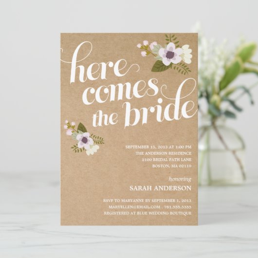 HIER KOMT DE BRIDE | BRIDAL SHOWER INVITATION KAART (Staand voorkant)