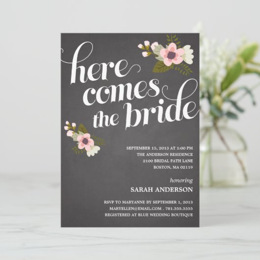 HIER KOMT DE BRIDE | BRIDAL SHOWER INVITATION KAART (Staand voorkant)