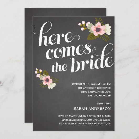 HIER KOMT DE BRIDE | BRIDAL SHOWER INVITATION KAART (Voorkant / Achterkant)