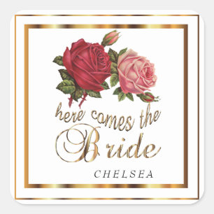 Hier komt de Bride - 🌹 🌹  Roos Floral Vierkante Sticker