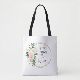 Hier komt de Bride Roze Floral Tote Bag