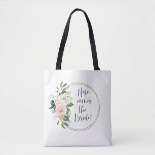 Hier komt de Bride Roze Floral Tote Bag