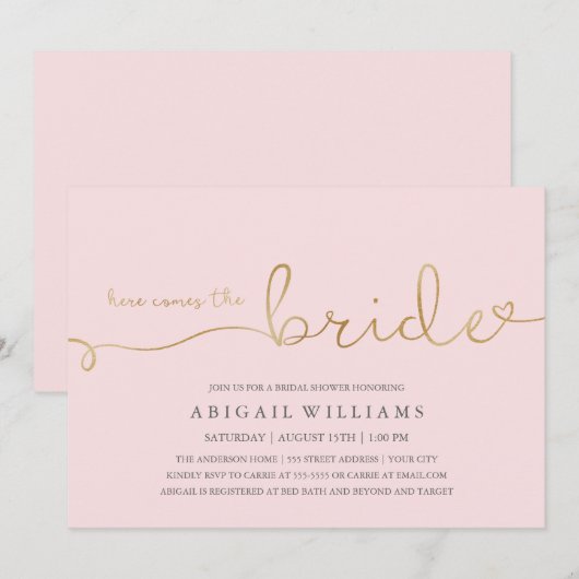 Hier komt de bruid dk -douche uitnodiging (Voorkant / Achterkant)