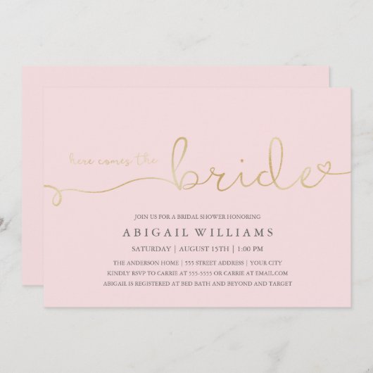 Hier komt de bruid -douche uitnodiging (Voorkant / Achterkant)