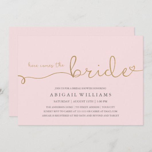 Hier komt de bruid faux gold kaart (Voorkant / Achterkant)