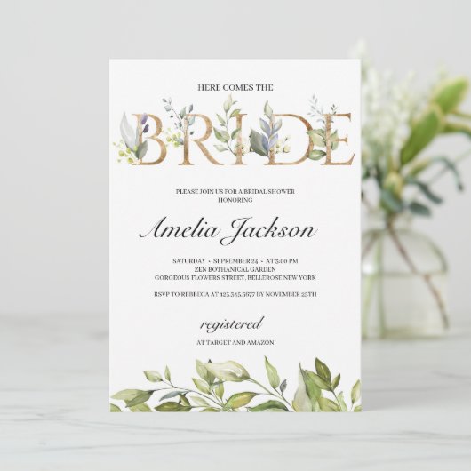 Hier komt de bruid groen bladeren en goud kaart (Staand voorkant)