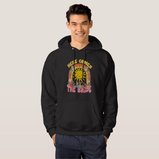 Hier komt de bruid Groovy Retro 70s vrijgezellenfe Hoodie (Voorkant volledig)