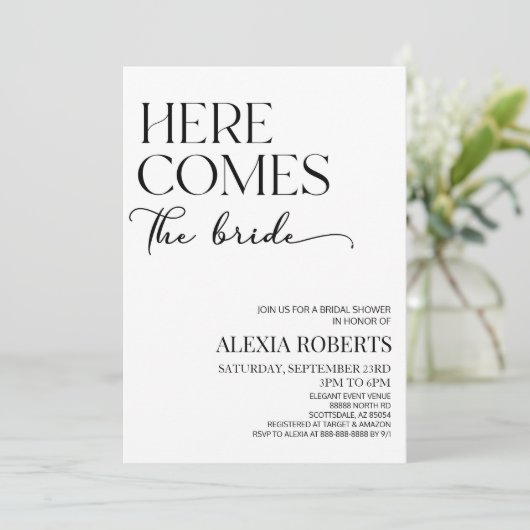 Hier komt de bruid minimalistisch Vrijgezellenfees Kaart (Staand voorkant)