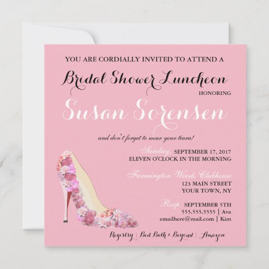 Hier komt de bruid roze bloemen en diamanten parti kaart (Achterkant)