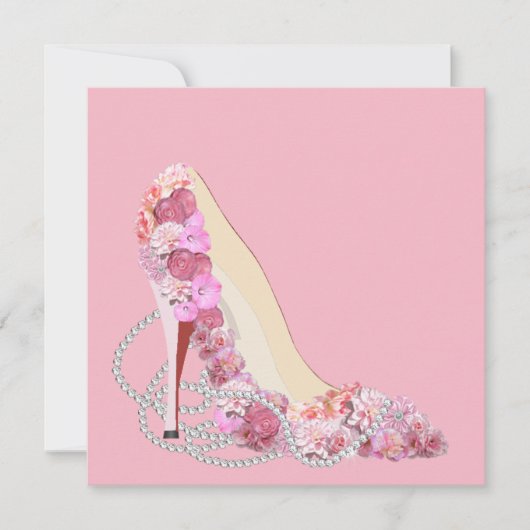 Hier komt de bruid roze bloemen en diamanten parti kaart (Voorkant)