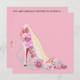 Hier komt de bruid roze bloemen en diamanten parti kaart