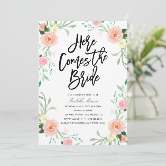 Hier komt de bruid | Uitnodiging voor bruidsdouche (Staand voorkant)