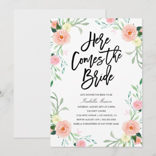 Hier komt de bruid | Uitnodiging voor bruidsdouche (Voorkant / Achterkant)
