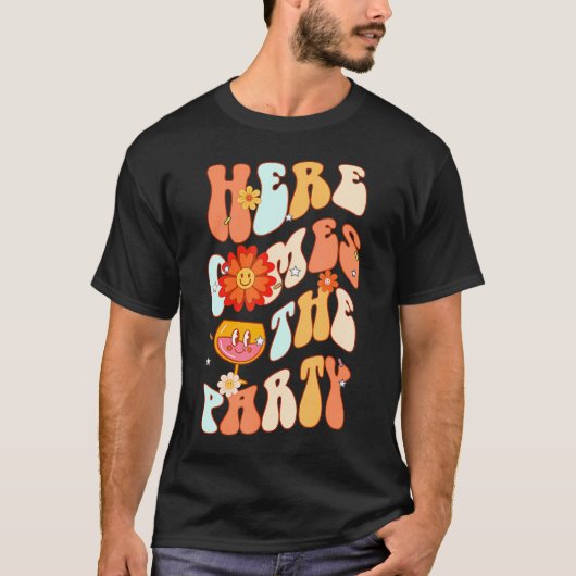 Hier Komt De Bruid Van Het Feestje Groovy Bruidsme T-shirt (Voorkant)