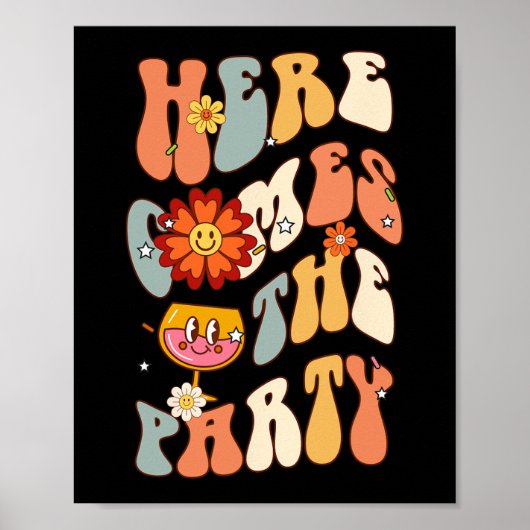 Hier komt de feestbruid Retro Groovy Bachelorett Poster (Voorkant)