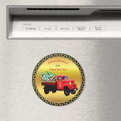 Hier komt de kerstboomwagen van Santa's boerderij. Magneet (Insitu (Vaatwasser))