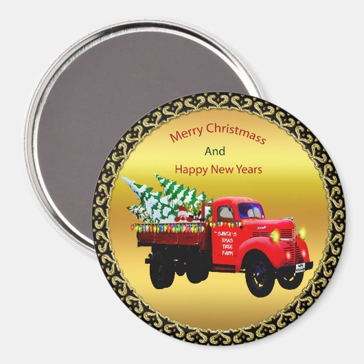 Hier komt de kerstboomwagen van Santa's boerderij. Magneet (Voorkant / Achterkant)