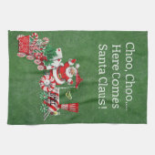 Hier komt de kerstman op Snoep kersttrein groen Theedoek (Horizontaal)