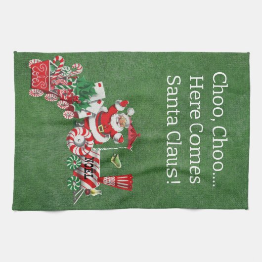 Hier komt de kerstman op Snoep kersttrein groen Theedoek (Horizontaal)