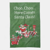 Hier komt de kerstman op Snoep kersttrein groen Theedoek (Verticaal)