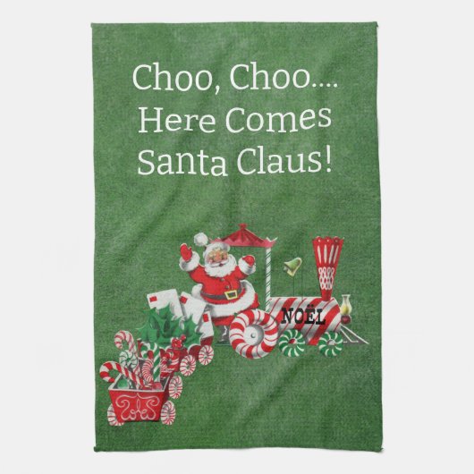 Hier komt de kerstman op Snoep kersttrein groen Theedoek (Verticaal)