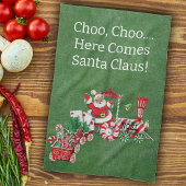 Hier komt de kerstman op Snoep kersttrein groen Theedoek