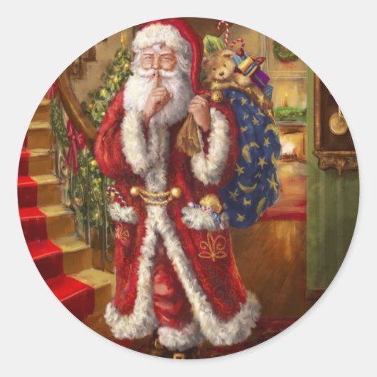 Hier komt de kerstman ronde sticker (Voorkant)