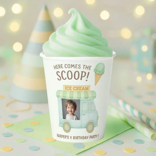 Hier Komt de Schep | Mintgroene IJscowagen Papieren Bekers