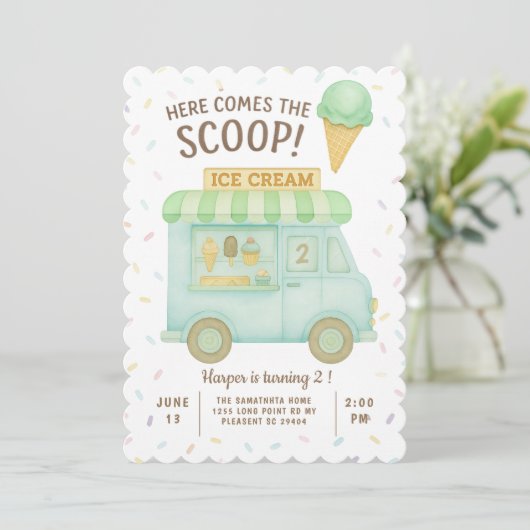 Hier komt de scoop | Mint Green Ice Cream Truck Kaart (Staand voorkant)