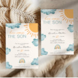 Hier komt de Son Baby shower Boy Blue Kaart<br><div class="desc">Leuk en schattig baby showers jongensuitnodiging "here comes the son" met waterverf cloud en regenboogontwerp met heerlijk regenbooghartpatroon op de achterkant.</div>