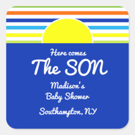 Hier komt de Son Baby shower Favor Square Sticke Vierkante Sticker