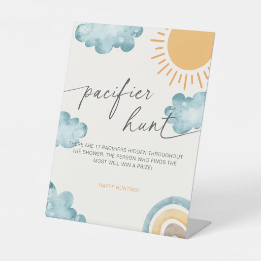 Hier komt de Son Baby shower fopspeen Hunt spel Reclamebord Met Voetstuk (Voorkant)