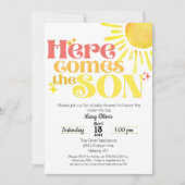 Hier komt de Son Baby shower Invitation Boy Son Kaart (Voorkant)