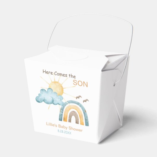 Hier komt de Son Baby shower papieren Borden Bedankdoosjes (Voorkant Zijde)