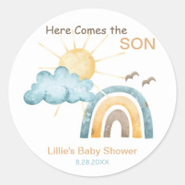 Hier komt de Son Baby shower papieren Borden Ronde Sticker