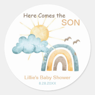 Hier komt de Son Baby shower papieren Borden Ronde Sticker