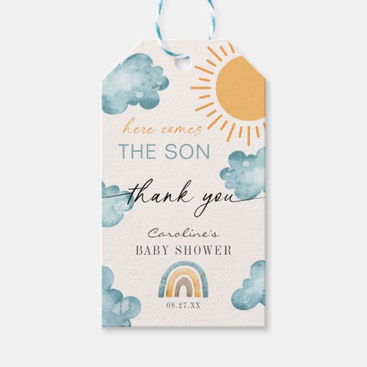 Hier komt de Son Baby shower Sunshine Cadeaulabel (Voorkant)